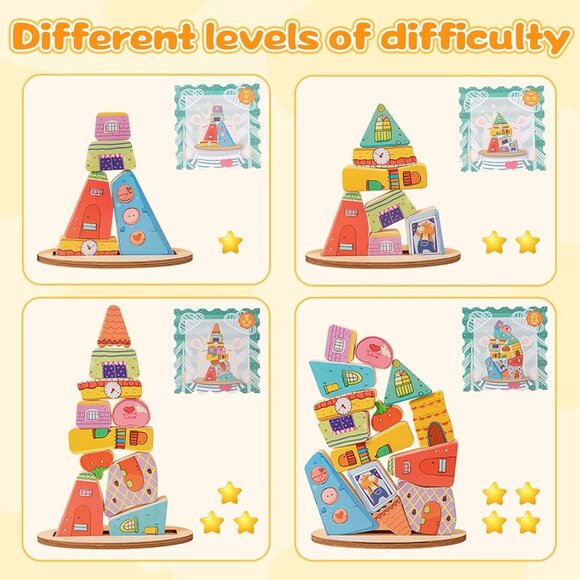 Montessori Wooden Stacking Toy,Colorful Houses Building Blocks Game 14 Pcs Monte - Picture 6 of 12